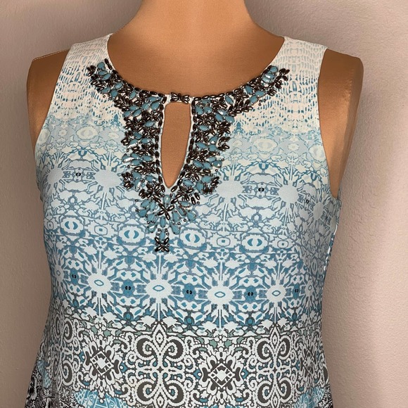 WHBM Oasis Blue Shift Lined Dress Embellished Print Sleeveless Small Petite - Picture 7 of 14
